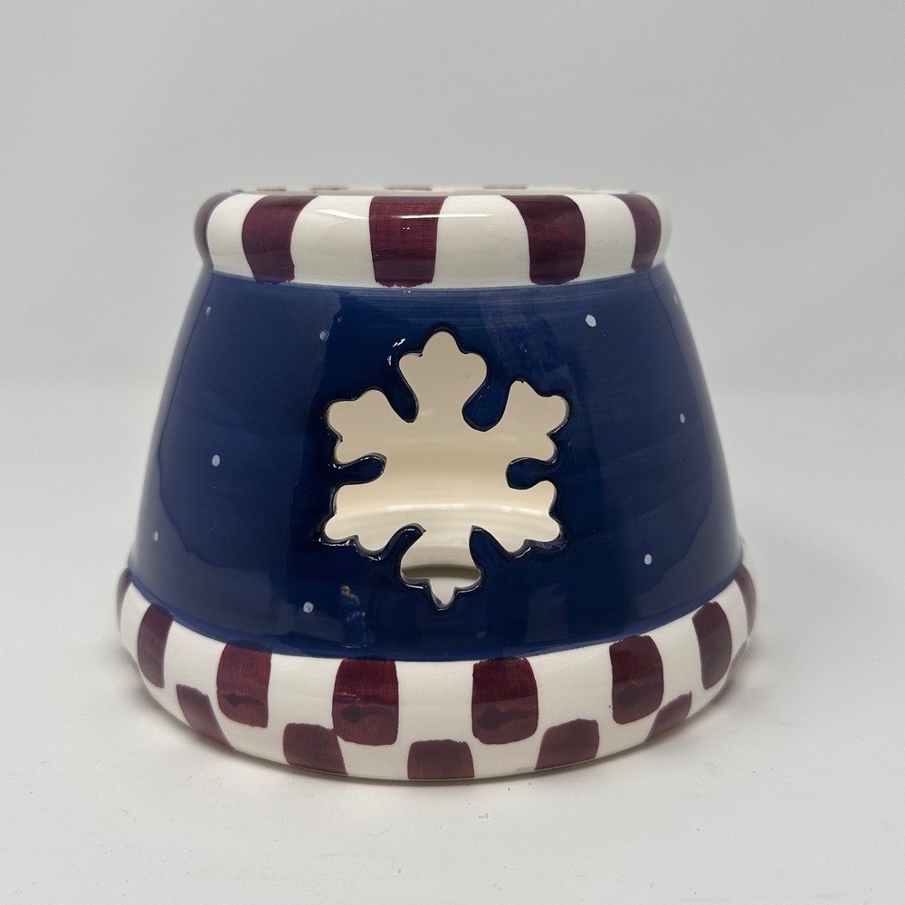 Blue Ceramic Snowflake Candle Jar Topper Holiday Winter Decor Checkered Trim